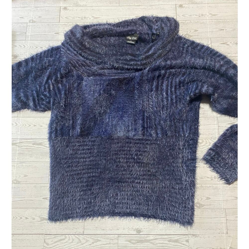 City Chic Fuzzy Eyelash Cowl Neck Sweater Blue Size Small Soft Cozy Pullover
